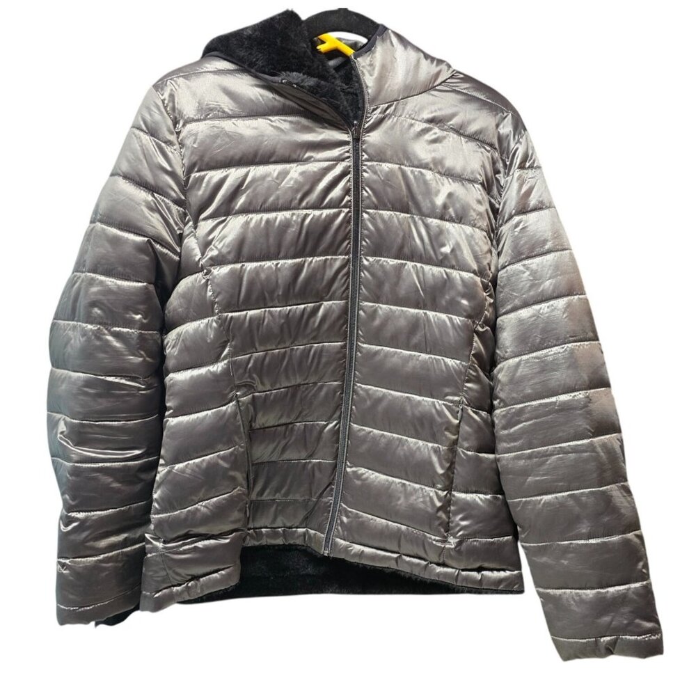 Andrew Marc Womens Metallic Puffer Jacket Faux Fur Lining Hood Medium